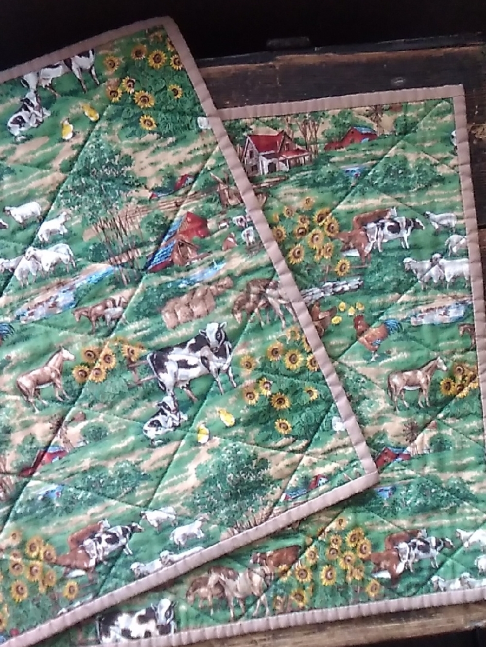 Green Farmhouse Quilted Placemats Sunflower & Cow Print